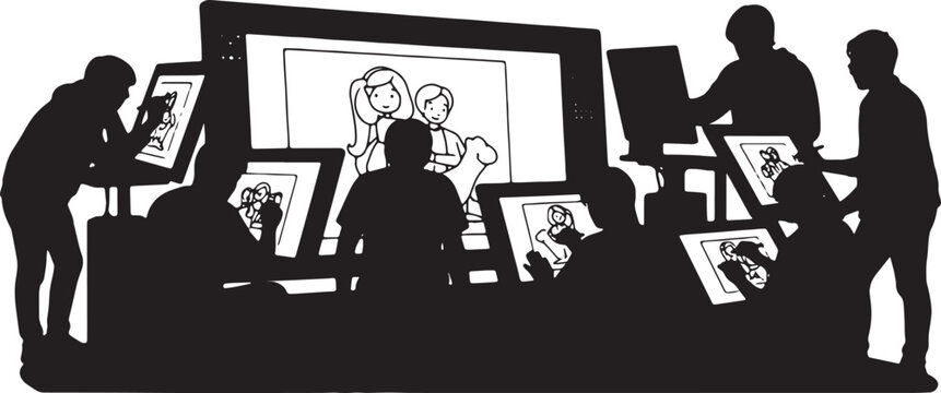 Black Solid Animation Student Drawing Display Stream Silhouettes Set of Six on White Background