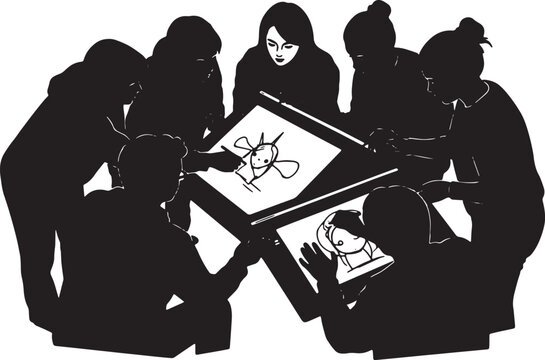 Black Solid Animation Student Drawing Display Stream Silhouettes Set of Six on White Background