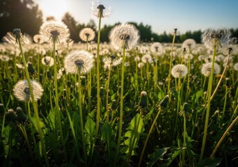 Obraz premium Dandelions in a field with sun shining through the flowers