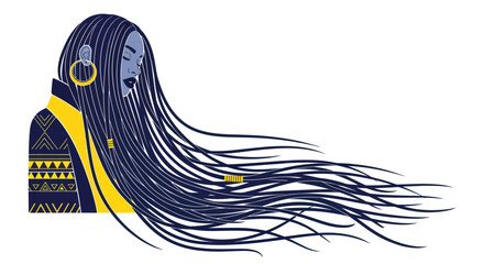 Woman with long flowing dreadlocks, tribal pattern clothing, golden hoop earring © ijo