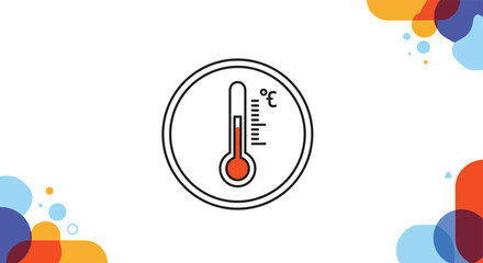 Medical thermometer icon showing a high temperature inside a circular frame with colorful abstract shapes in the corners of the page.