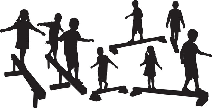 Black Solid Balance Beam Playground Careful Walking Silhouettes Set of Six on White Background