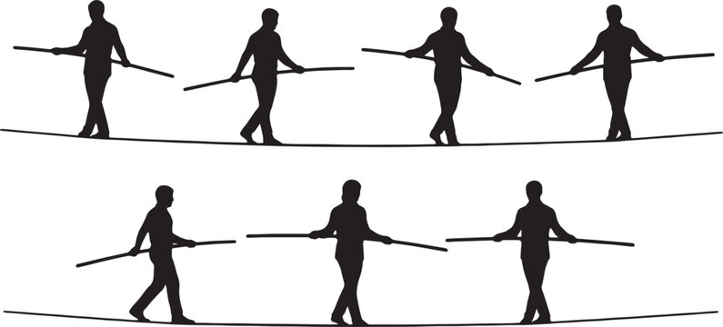 Black Solid Balancing Pole High Wire Walking Silhouettes Set of Six on White Background