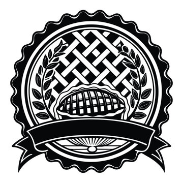 Black and white circular emblem with lattice pie and wheat leaves framed by scalloped border and banner