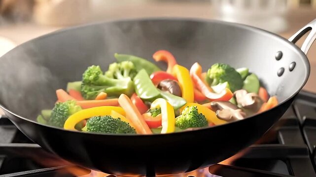 Vibrant, fresh vegetables including crisp broccoli florets, vivid bell peppers, tender carrots, earthy shiitake mushrooms, and bright snap peas are expertly stir-fried in a traditional hot wok over a 