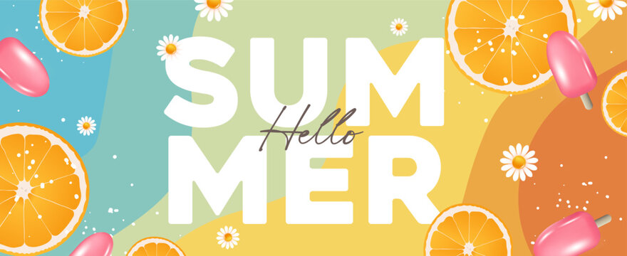 Colorful summer header banner with orange slices popsicle flowers abstract background for beach party flyer or seasonal promotion design