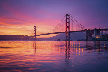 Obraz premium Golden Gate Bridge silhouette at sunset with vibrant purple and orange sky reflecting on calm water, creating peaceful and majestic urban landscape scene