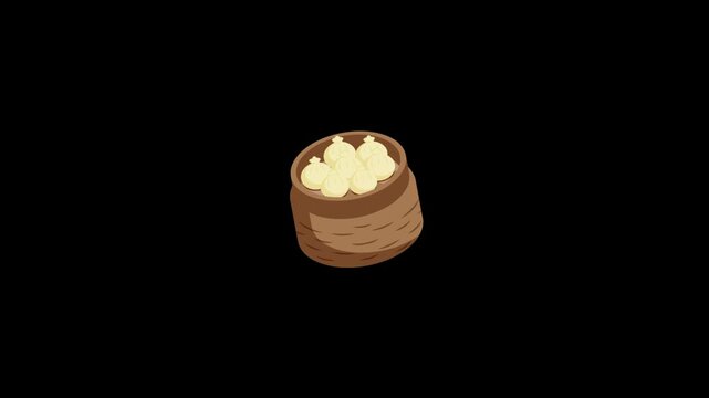 An animated isometric illustration of a traditional bamboo steamer filling with delicious steamed dumplings.