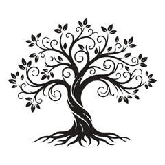 Obraz premium Decorative Swirl Tree Silhouette Vector Illustration, Elegant Nature Tree with Leaves Black Silhouette Isolated on White Background, Floral Tree Design for Wall Art Logo Tattoo