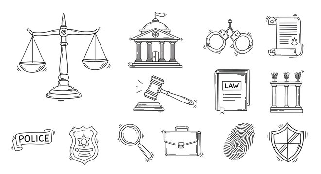 Collection of hand drawn icons representing justice and legal systems