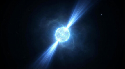 Cosmic scene of a pulsar generating enormous gravity and turbulent magnetic energy, wrapped in a cold blue aura that illuminates surrounding space and reveals the mysterious beauty of astrophysics