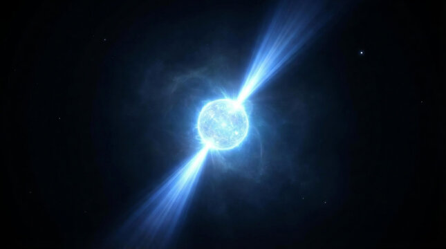 Cosmic scene of a pulsar generating enormous gravity and turbulent magnetic energy, wrapped in a cold blue aura that illuminates surrounding space and reveals the mysterious beauty of astrophysics