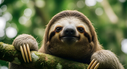 Fototapeta premium Cute three-toed sloth smiling while hanging from a tree branch in the jungle