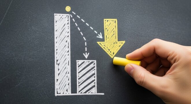 Hand drawing falling bar graph with down arrow on chalkboard for business decline concept