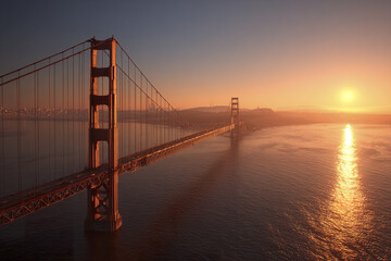Obraz premium Golden Gate Bridge suspension structure over water at sunrise with warm light reflecting on calm sea and distant city skyline under clear sky