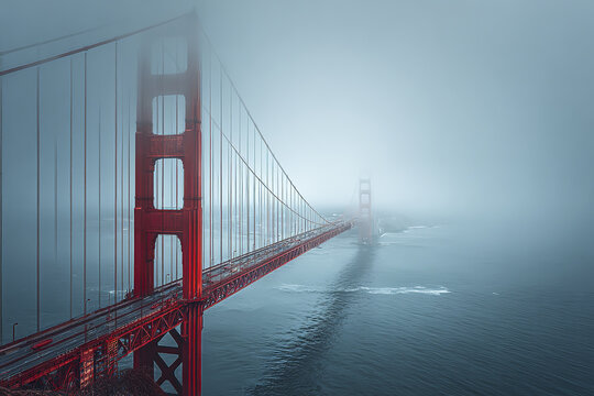 Foggy morning view of large red suspension bridge over calm water with mist obscuring far end, creating cinematic and mysterious atmosphere