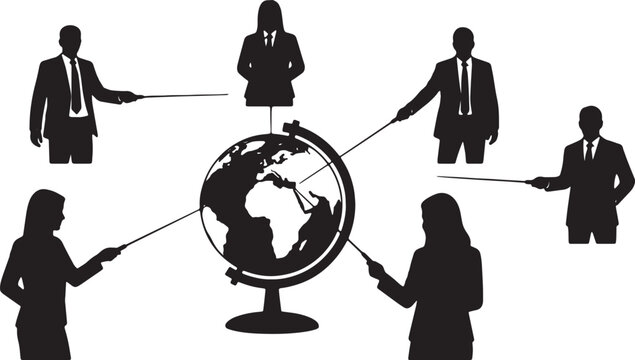 Black Solid Business Analysts Laser Pointer Globe Silhouettes Set of Six on White Background
