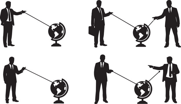 Black Solid Business Analysts Laser Pointer Globe Silhouettes Set of Six on White Background