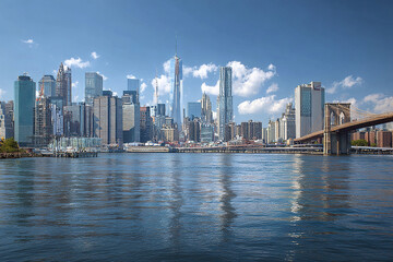 Obraz premium New York City skyline with tall skyscraper buildings and Brooklyn Bridge over calm water under blue sky with clouds on sunny day