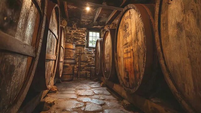 A moody, atmospheric cellar filled with aged barrels evokes a sense of tradition, craftsmanship, and the slow passage of time, ideal for marketing bev