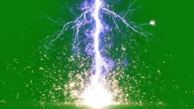Electric discharge with bright purple and white sparks on a green background with a shallow depth of field.