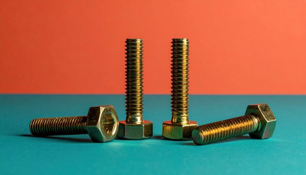 A group of four hexagonal head bolts arranged in a row on a two-toned background