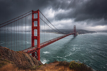 Fototapeta premium Golden Gate Bridge suspension structure over turbulent water under dramatic stormy sky with rocky foreground and distant cityscape on horizon