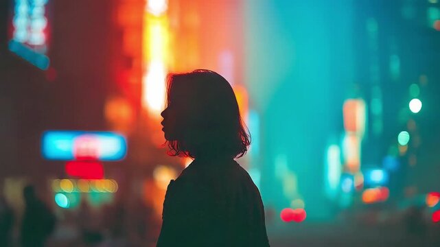 A silhouette of a woman stands pensively amidst vibrant city lights, evoking feelings of solitude and introspective moments perfect for marketing camp