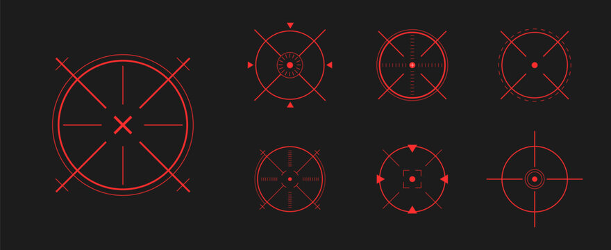 Crosshair Hud red. Glowing neon light and laser Hud set. Various icons for game interface design. Tech aesthetics with crosshair elements. Flat Vector illustration.