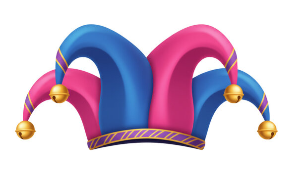 A colorful jester hat with pink and blue points and golden bells