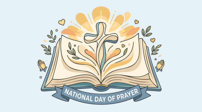 Open Bible & Cross with Praying Hands, Sunburst, 'National Day of Prayer' Banner - Spirituality, Religion - Outline Flat Design, Muted Colors - Editable Vector Illustration.