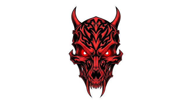 Red devil face with horns and glowing eyes.