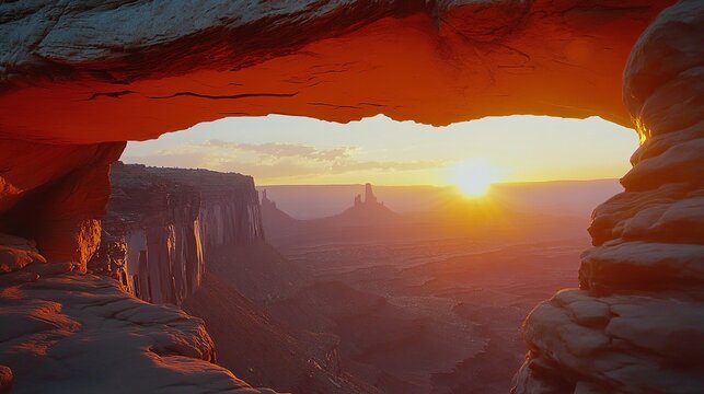 Golden sunrise over mesa arch with dramatic canyonlands national park landscape, red rock cliffs and desert sky