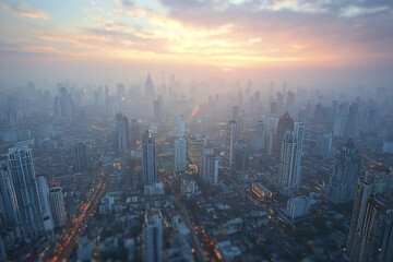 Obraz premium Aerial drone view of city skyline at sunrise with skyscraper buildings and busy streets glowing under colorful sky, creating peaceful and vibrant urban atmosphere