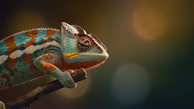 Chameleon on a Branch with Vibrant Blue Green and Orange Scales in a Tropical Environment. 4K Video