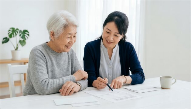 リビングで書類を見ながら相談するシニア女性と娘