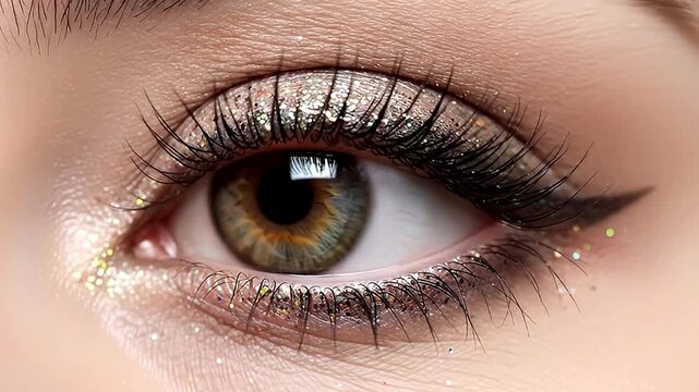 A captivating macro close-up reveals a human eye gracefully opening, adorned with sparkling, multi-colored glitter eyeshadow and a precise winged eyeliner application. Long, dark eyelashes elegantly f