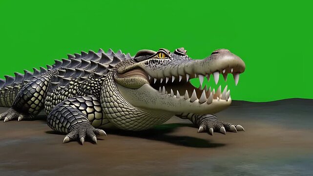 Crocodile Opens Mouth Wide on Green Screen Background. 4K Video