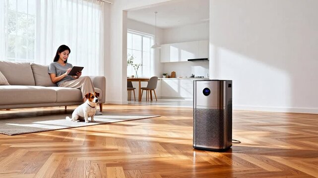 Woman with dog using tablet in living room