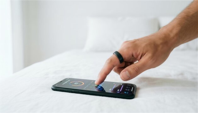 ベッドの上でスマートリングを装着しスマートフォンの健康管理アプリを操作する男性の手