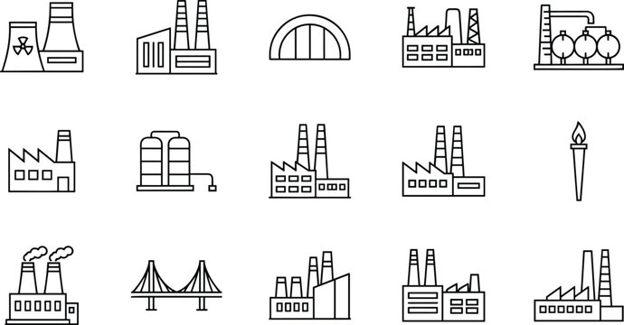 Industrial factory and infrastructure line icon set featuring power plants bridges manufacturing facilities and energy production industry symbols.