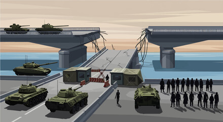 Fototapeta premium Military forces securing a damaged bridge and crowd control barrier with soldiers