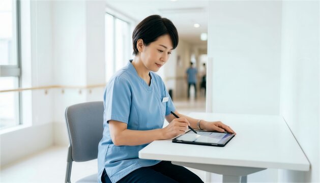 病院の廊下のデスクでタブレットに電子カルテを入力する看護師