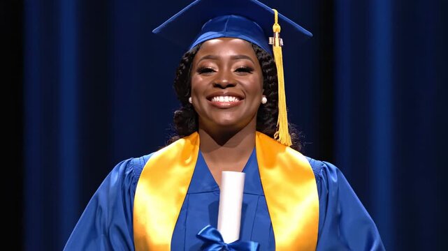 Black Woman Graduates Proudly Wearing Blue Gown and Gold Sash Holding Diplomas Smiles Joyfully Against Dark Blue Curtain Background