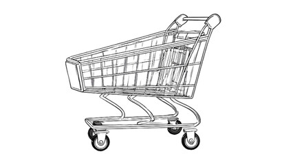 A minimalist line art illustration of an empty shopping cart on wheels © Mdkhoka