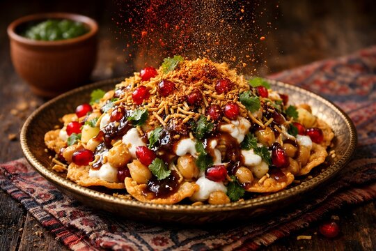 Authentic Indian papri chaat with yogurt and vibrant chutneys.