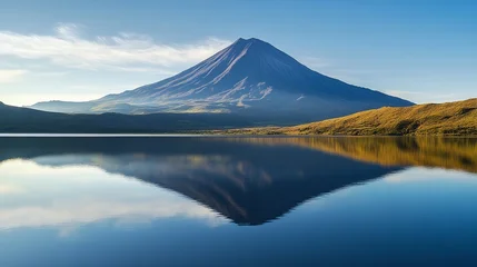 Poster Reflectie Volcanic mountain at sunrise reflected in calm lake water, serene nature landscape  © Nazia