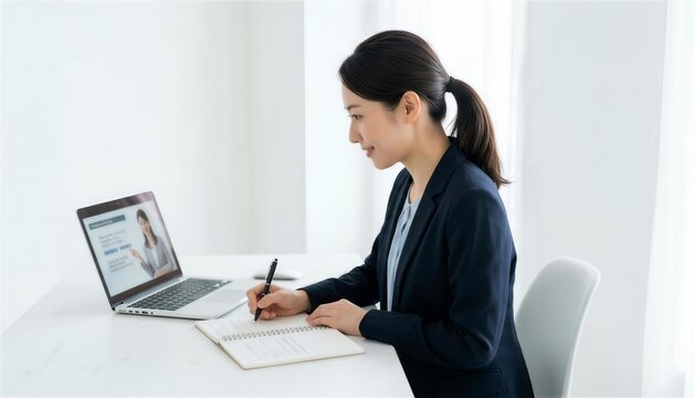 デスクでノートパソコンのオンライン講座を見ながらノートをとる女性