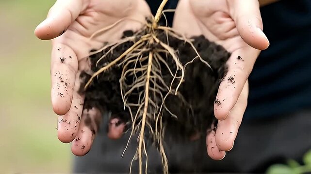 A close-up shot captures human hands gently cradling a delicate young plant with intricate roots, surrounded by rich, dark soil. The video emphasizes the nurturing process as some soil delicately fall