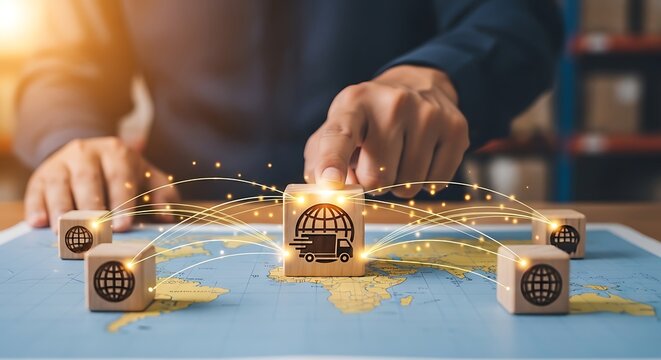Businessman planning global logistics and transportation strategy on world map
